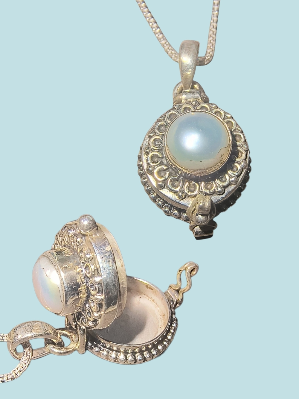 Sterling Silver & Genuine Pearl Locket Or Poison Box Necklace Brand New